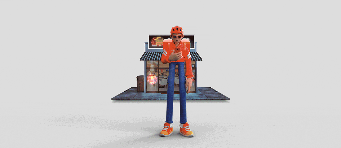 Animated Rappi delivery character connecting customers with local establishments