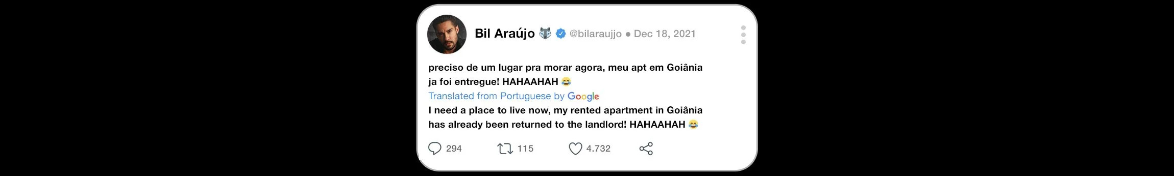 Bil’s tweet asking for a home after the reality shows ended